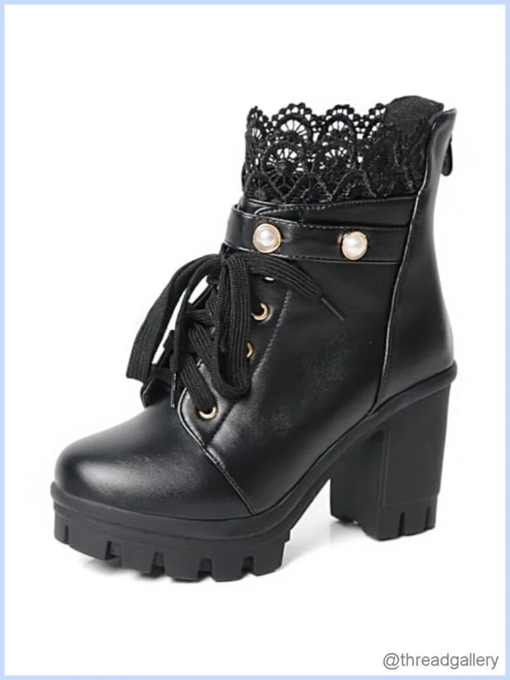 Black Chunky Heel Platform Ankle Booties with Lace and Buckle